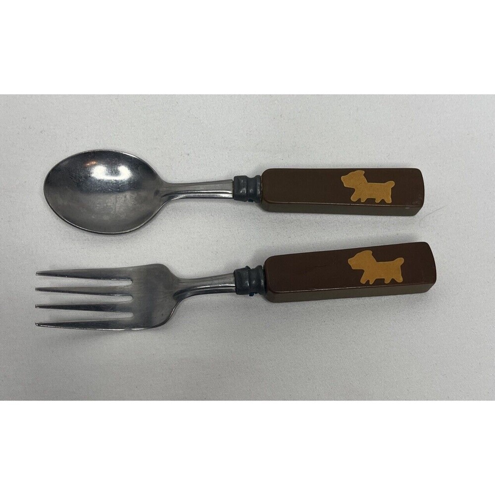Bakelite Childs Fork Spoon Inlaid Scotty Dog Terrier Vintage Italy